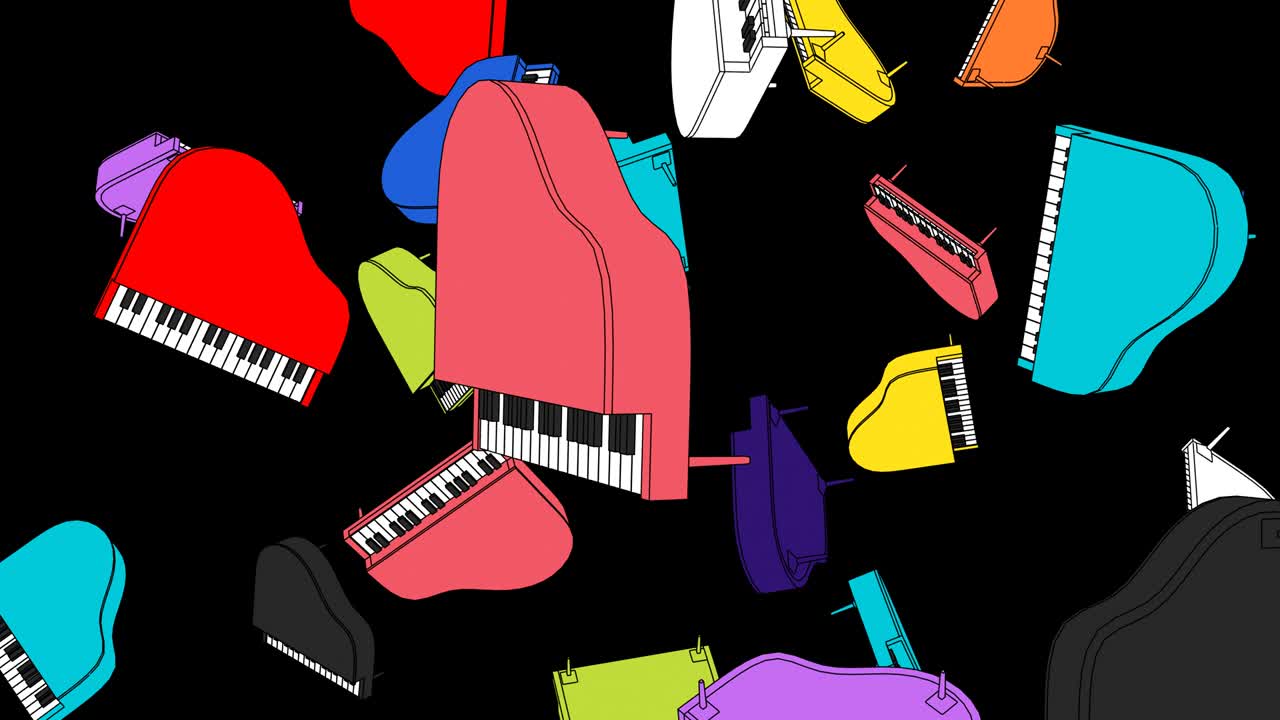 Molti pianoforti colorati su sfondo nero
