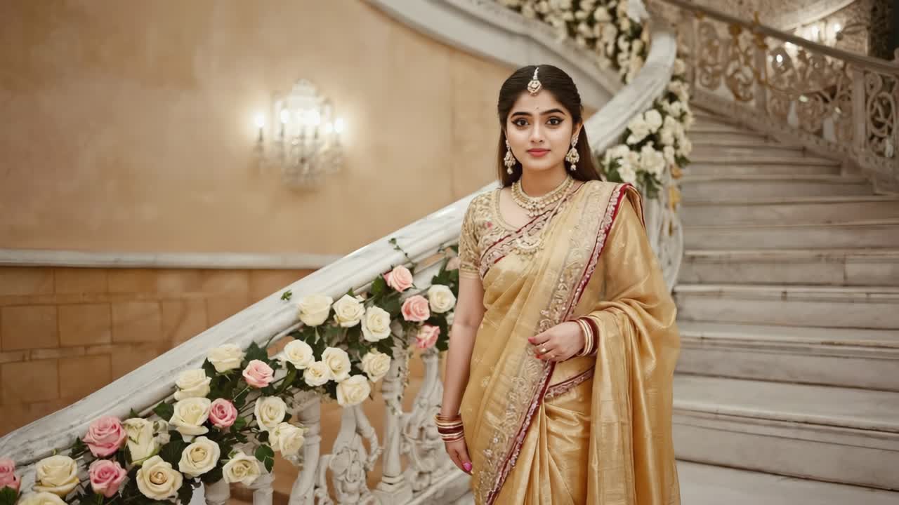 Elegant woman wearing a beautiful golden sari and jewelry is posing on a white staircase decorated with pink and white roses in a luxurious palace