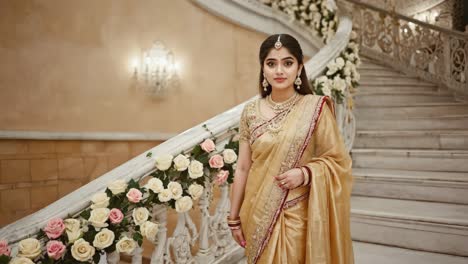elegant woman wearing a beautiful golden sari and jewelry is posing on a white staircase decorated with pink and white roses in a luxurious palace