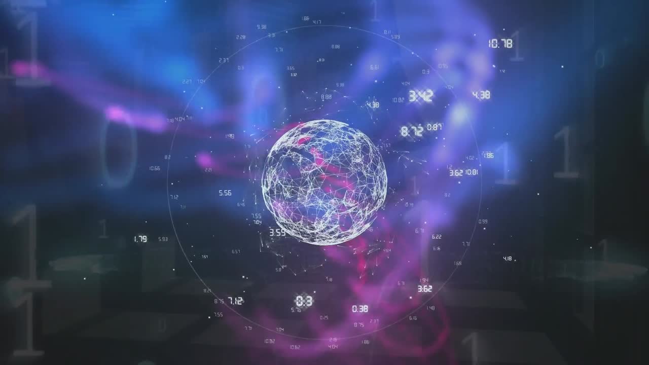 이진 코딩 및 데이터 프로세싱의 애니메이션 전 세계 연결