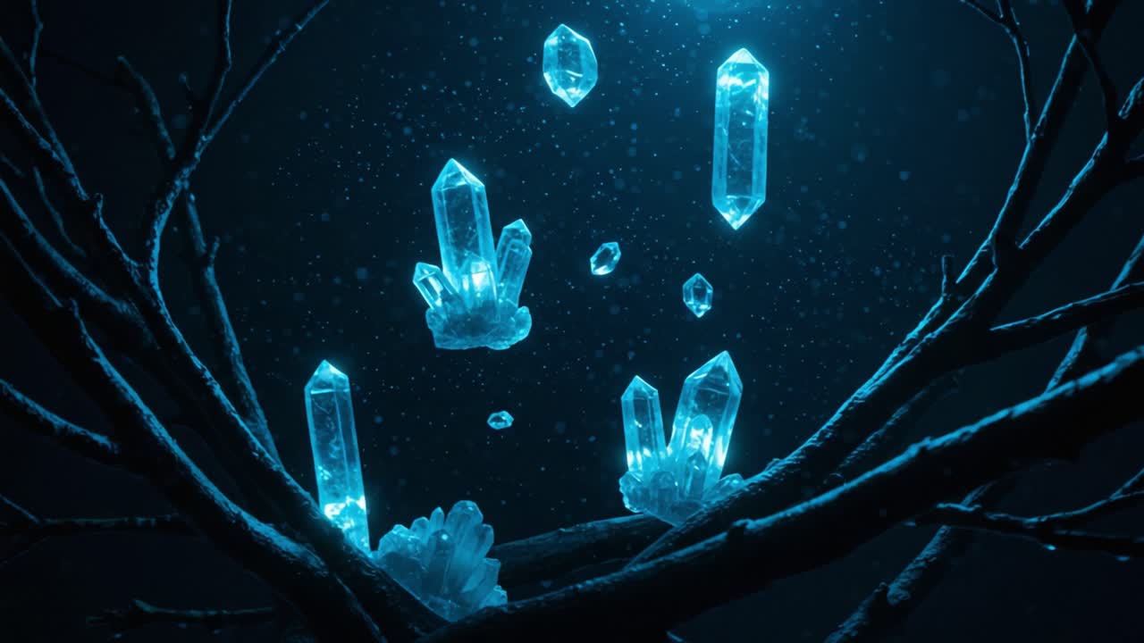 Magical Crystal Discovery: A Mesmerizing Scene of Glowing Crystals Suspended Among Dark Twisted Branches, Bathed in a Mysterious Blue Light Enhancing Their Sparkling Beauty