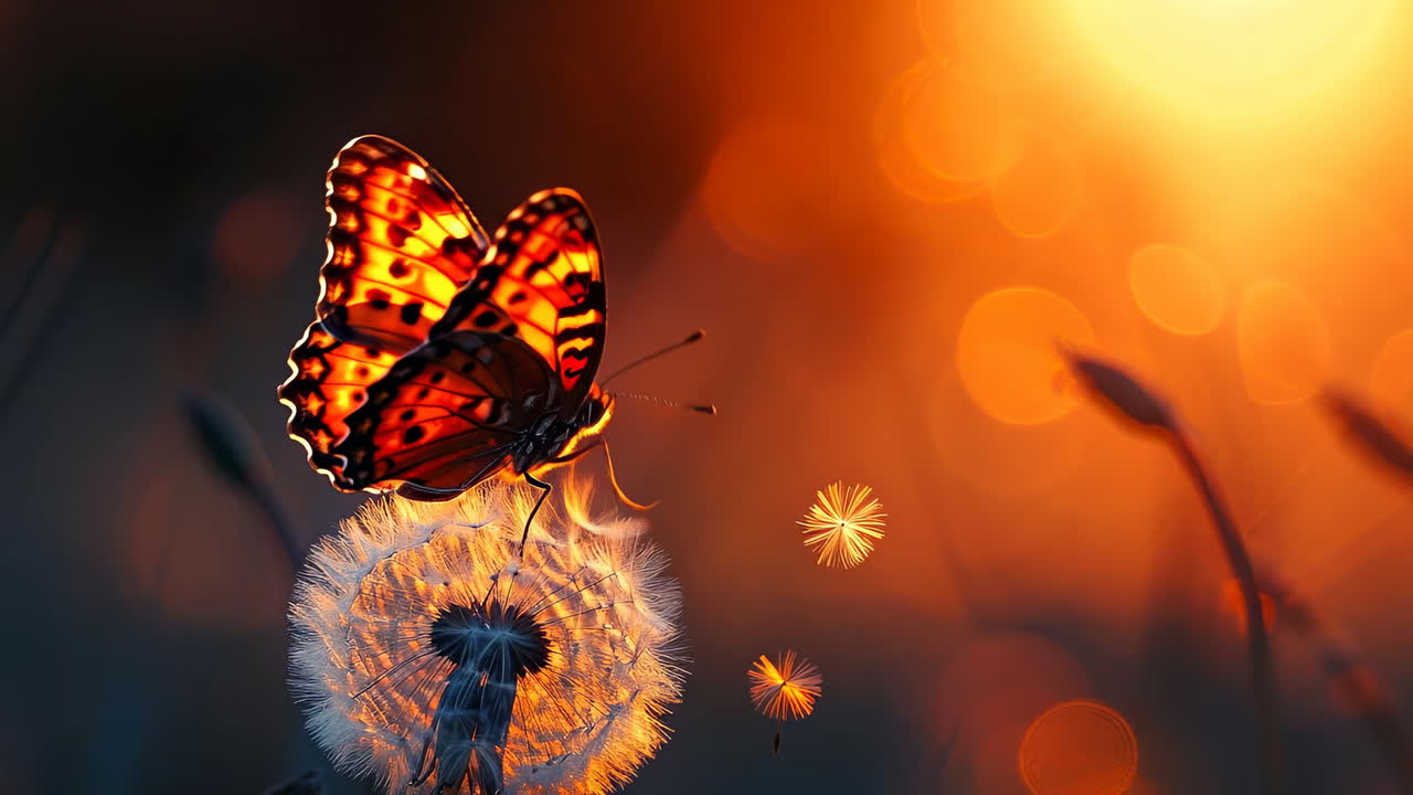 Una farfalla sopra un dente di leone al crepuscolo. Una farfalla svolazza leggiadra sopra un dente di leone mentre il sole tramonta, creando un caldo bagliore nel cielo serale.