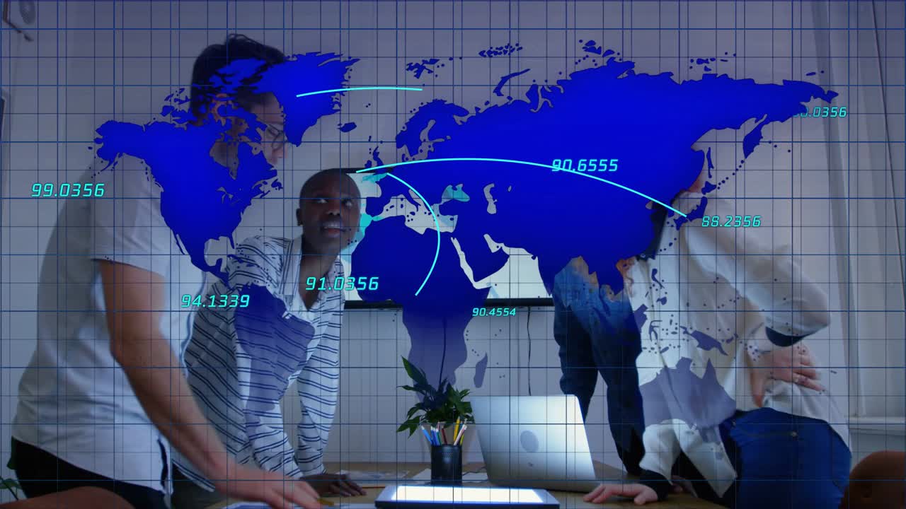Team leaning over laptop, reviewing business metrics while wall monitor initiating map overlay