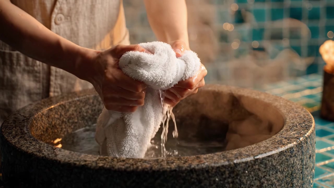 Un rituale rilassante: mani che lavano delicatamente un asciugamano morbido in acqua calda, creando vapore, evidenziando la tranquillità del momento in un ambiente sereno