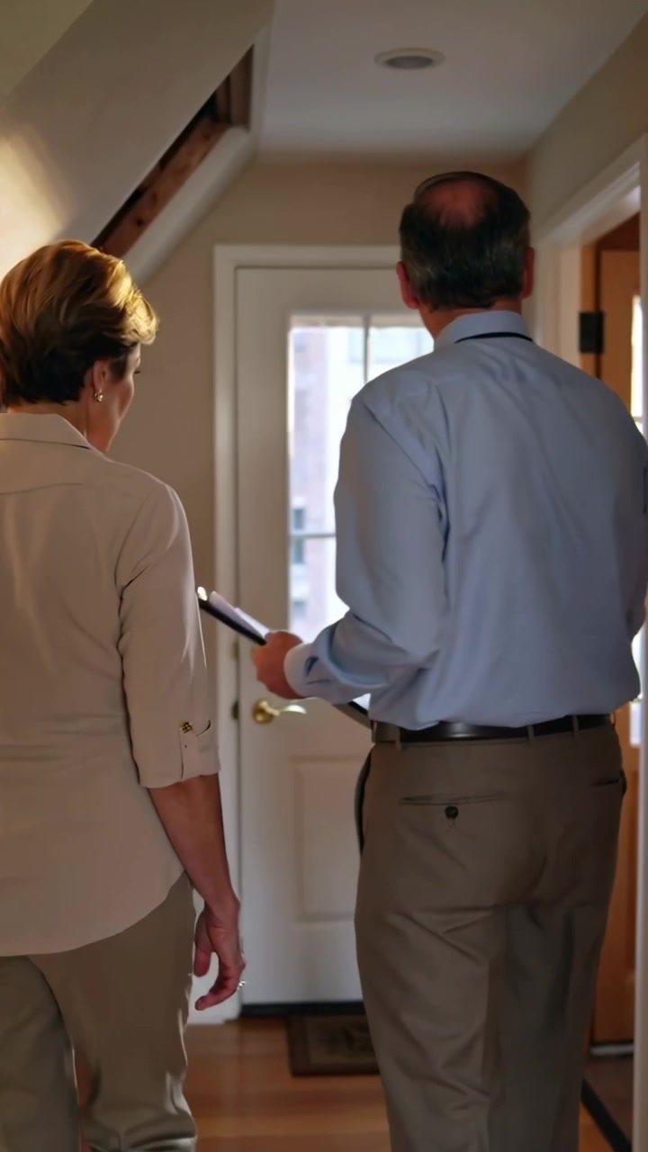 Vertical video: Walking senior couple to glass door, man holding clipboard and checking, in khaki