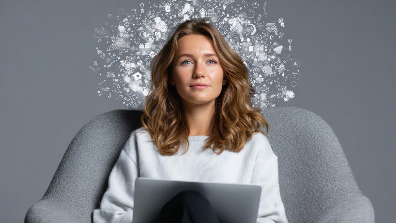 A Thoughtful Woman Contemplates Ideas and Creativity with a Laptop in a Cozy Setting, Surrounded by Symbolic Illustrations Representing Innovation and Inspiration