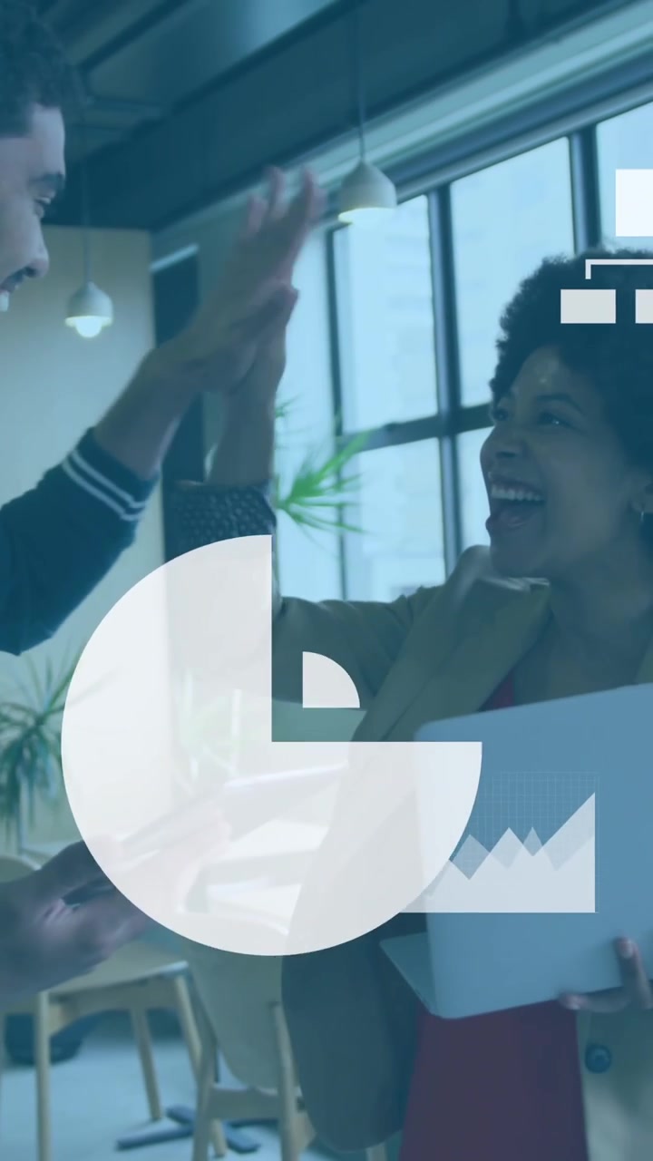 Animation of statistical data processing over diverse man and woman high fiving each other at office