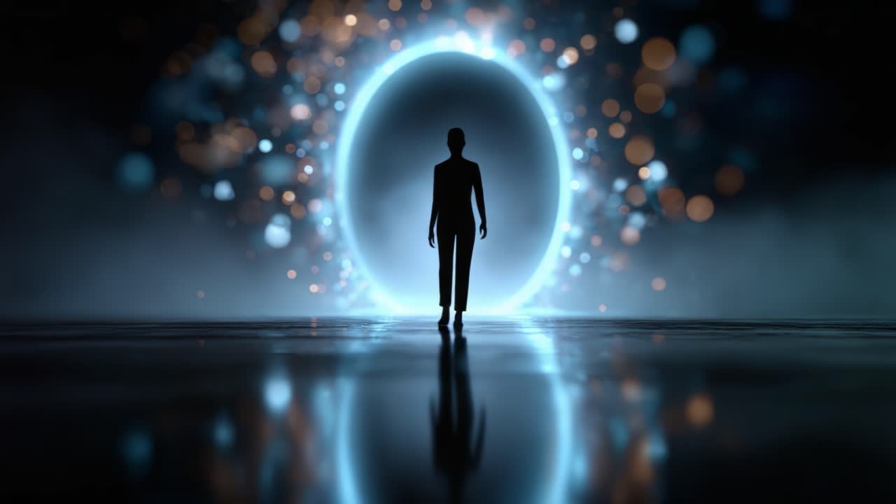 A solitary figure stands before a glowing portal, shrouded in ethereal light and surrounded by enchanting particles, symbolizing journey and transformation