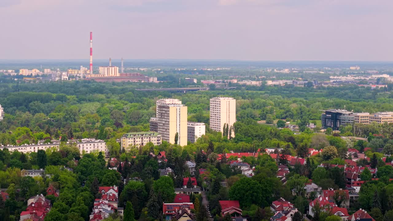 Warsaw cityscape aerial view, coal power plant, residential districts