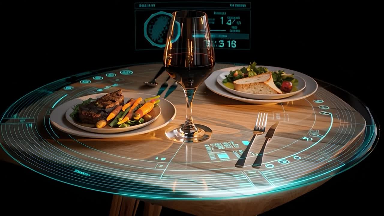 Futuristic dining experience with holographic table interface at night