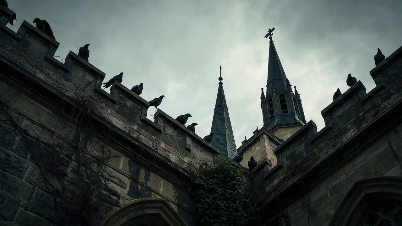 Single restless bird flapping wings triggers flock launching from ivy-covered wall by church spires