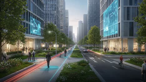 a modern urban environment showcases a vibrant street life with pedestrians and cyclists amidst tall buildings and illuminated advertisements, highlighting the fusion of nature and technology