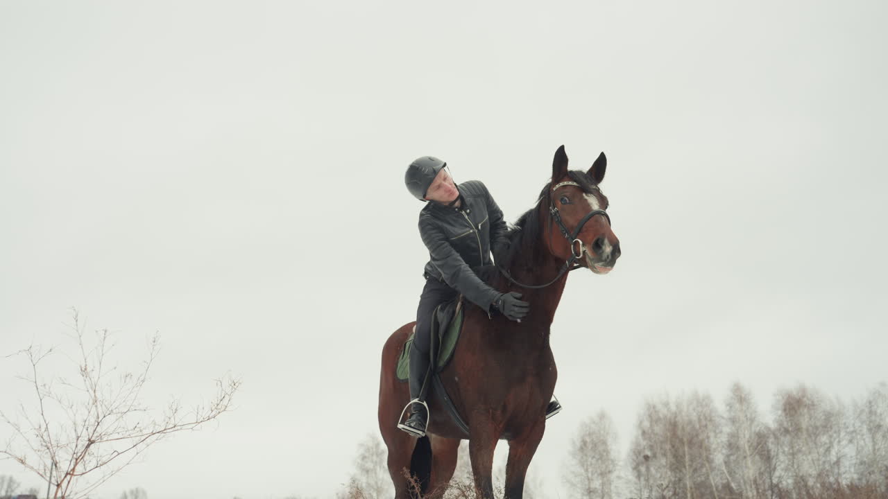 Donna appollaiata su cavallo marrone, alberi invernali, postura contemplativa e sguardo laterale, equilibrio al rallentatore sul bordo del campo con sfondo di betulle spoglie, cielo grigio tenue e tranquilla atmosfera rurale che trasmettono delicatezza
