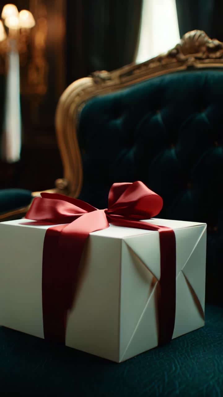A Beautifully Wrapped Gift Box Adorned with a Vibrant Red Ribbon Set Against a Luxurious Chair and Elegant Background, Evoking a Sense of Anticipation and Joy in Every Detail