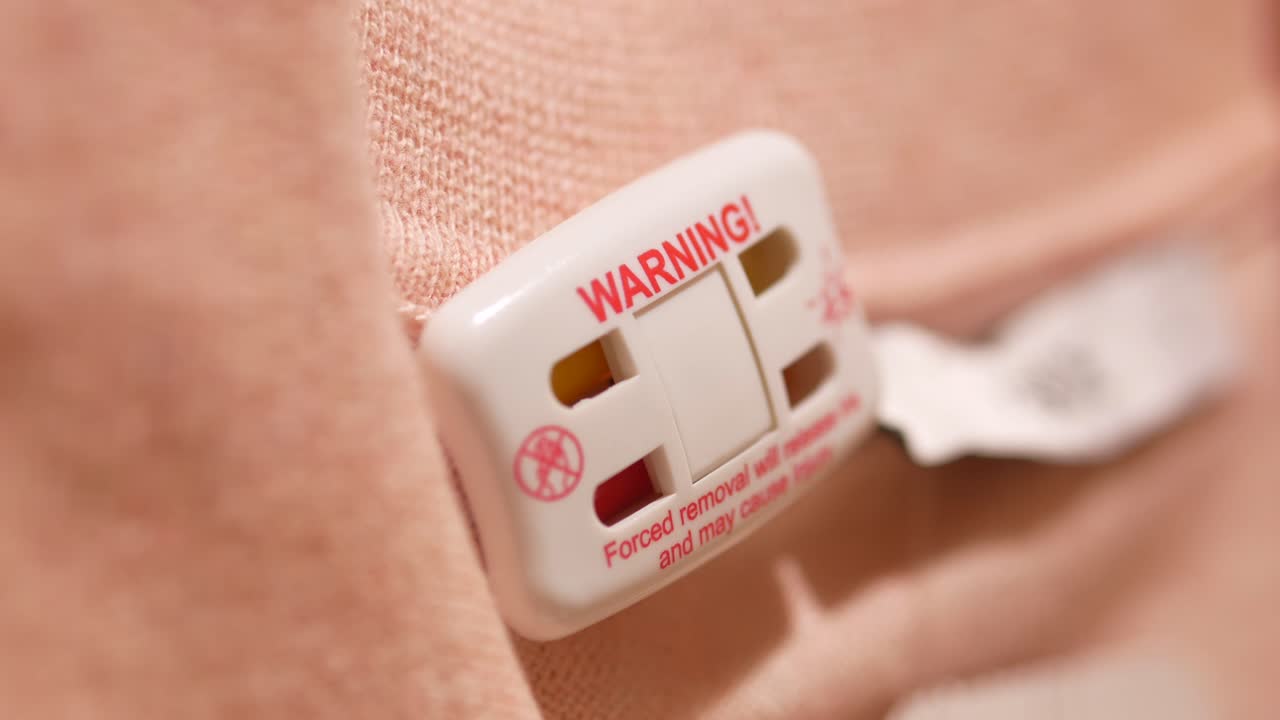 분홍색 옷에 붙여진 보안 태그의 클로즈업