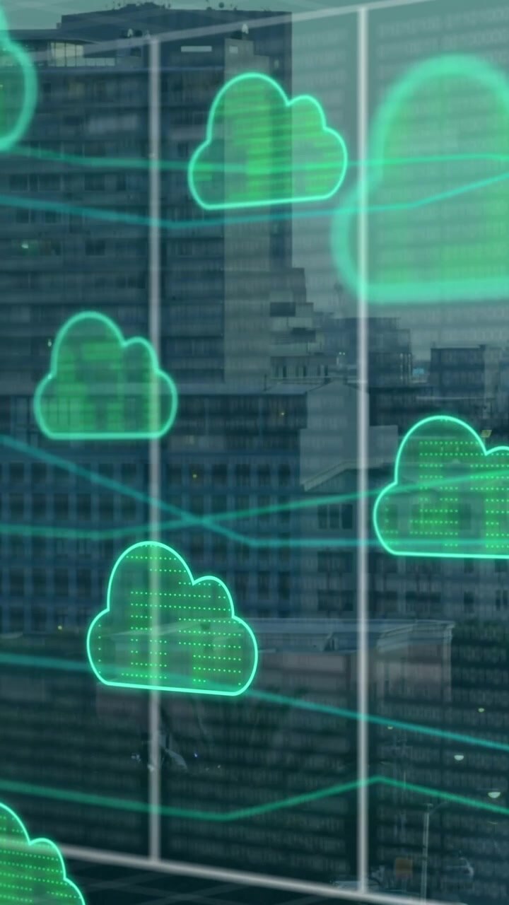 Animation of clouds, data processing over cityscape