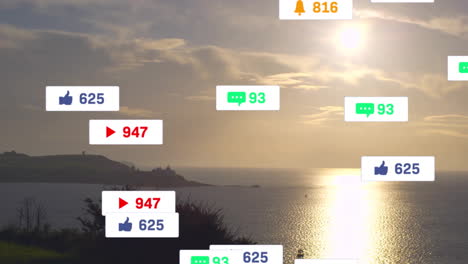 sunset view over coast with animated social media notifications appearing