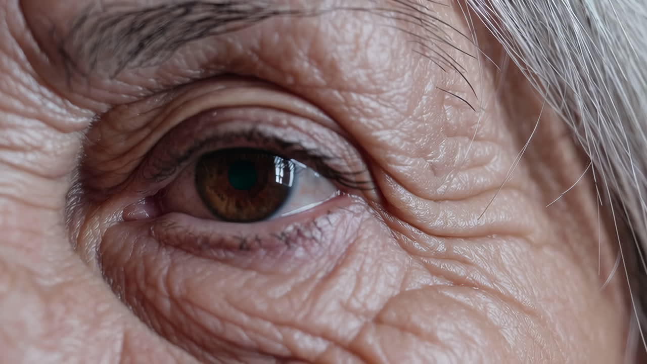 Close-up of an elderly person's eye with wrinkles