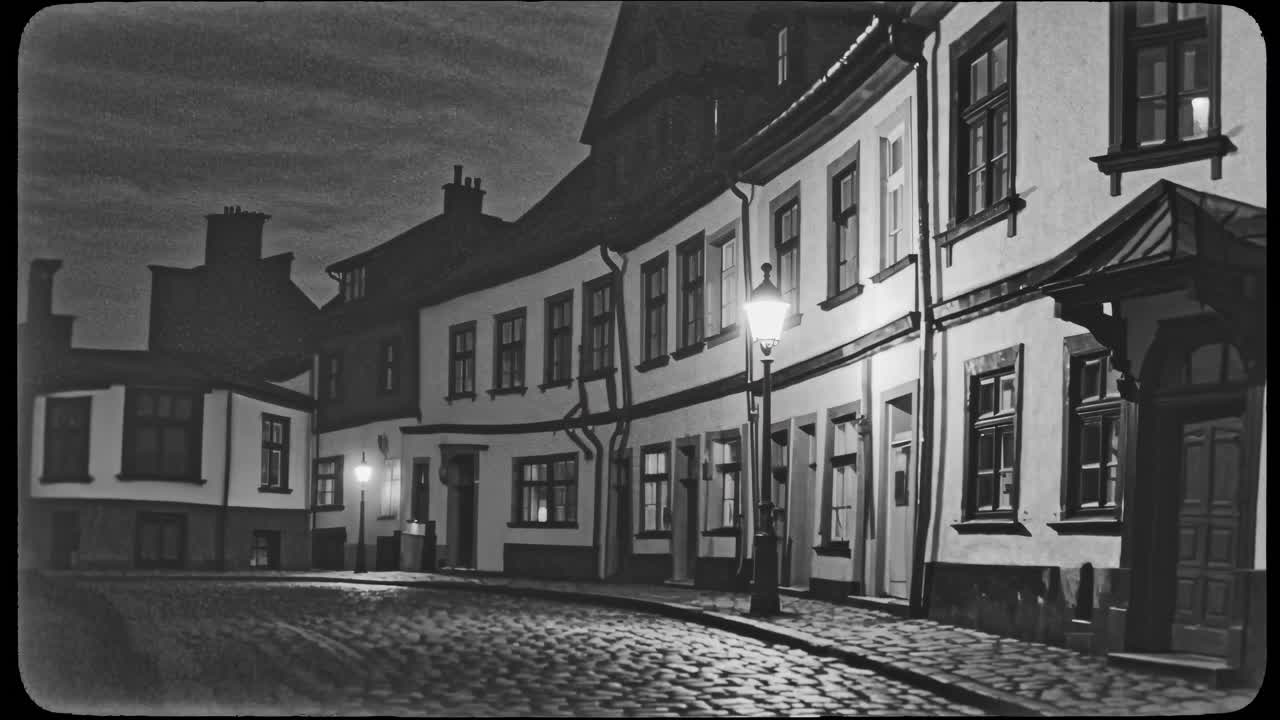 Nighttime scene captures the gradual illumination of a cobblestone street, showcasing charming architecture and warm lamplight, creating a serene atmosphere of urban tranquility