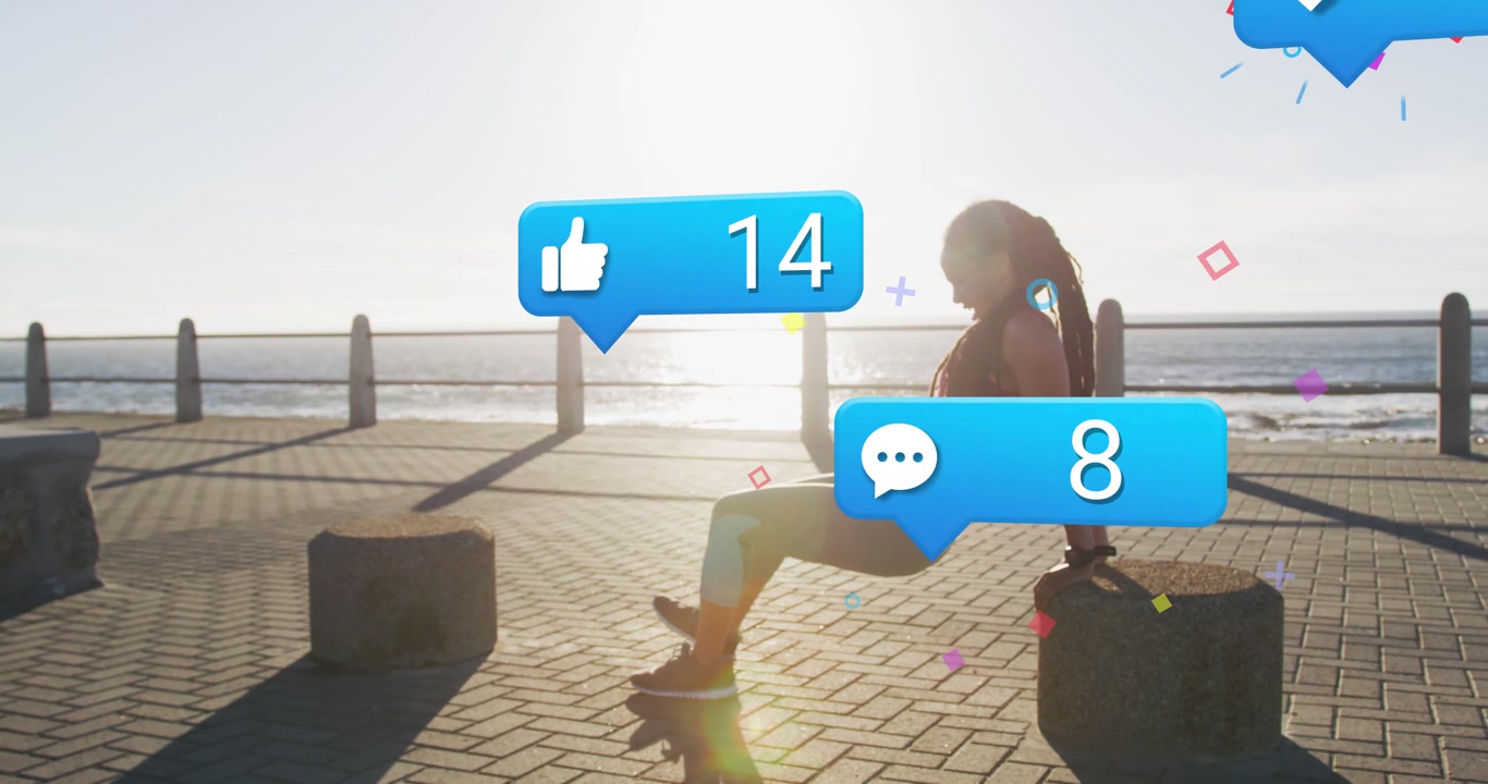Woman performing dips on bollards, social bubbles appearing over her, likes rising while settling