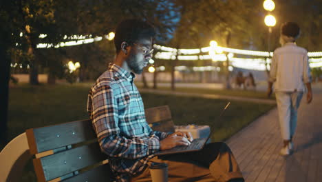 african american  man working on laptop in park in evening