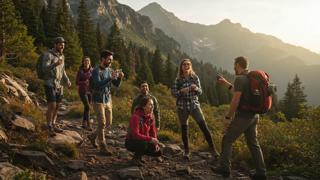A group of friends enjoying a scenic mountain hike together, capturing moments, sharing laughter, and cherishing the beauty of nature in the golden hour.