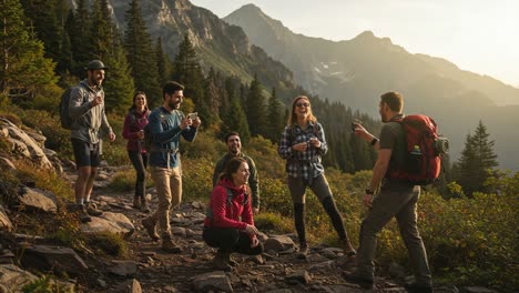 a group of friends enjoying a scenic mountain hike together, capturing moments, sharing laughter, and cherishing the beauty of nature in the golden hour.