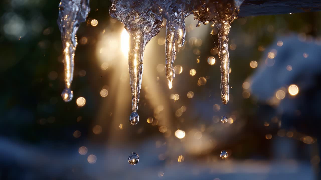 Captivating Icicles Dripping in the Golden Light of the Morning Sun, Creating a Stunning Visual Display of Nature's Melting Winter Beauty