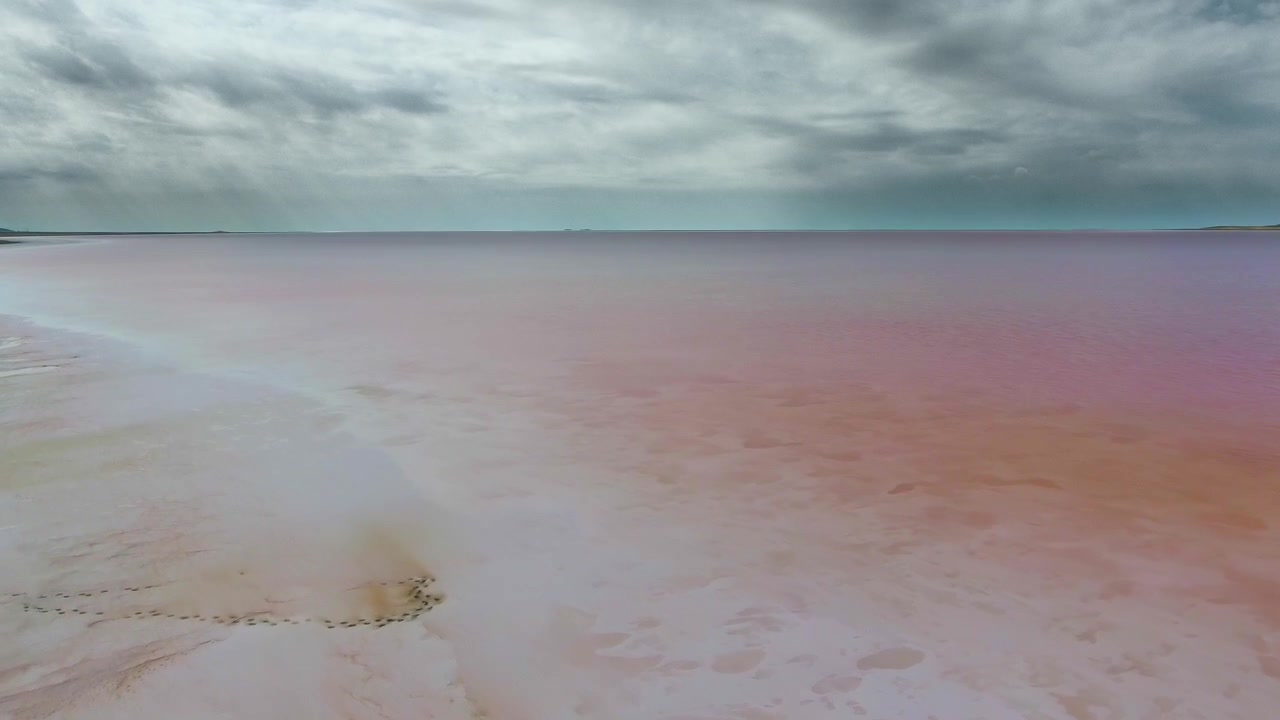 Vista Aérea de um Sereno Lago de Sal Rosa Sob Céus Nublados