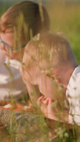 primer plano de dos niños pequeños con camisetas blancas, uno acostado y el otro inclinado sobre una bufanda a cuadros en un campo cubierto de hierba, mientras disfrutan de comer pan juntos. momento natural de unión infantil