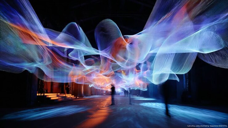 A mesmerizing display of colorful light waves swirls dramatically in an immersive installation, captivating viewers with its ethereal beauty and dynamic movement throughout the space