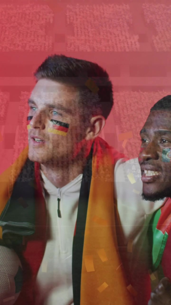 Animation of confetti over diverse footballers watching game with flags of germany and portugal