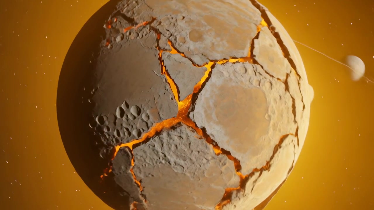 La telecamera ingrandisce mostrando un pianeta roccioso che si sta spaccando, esponendo magma dal calore del nucleo tra lune con alone.