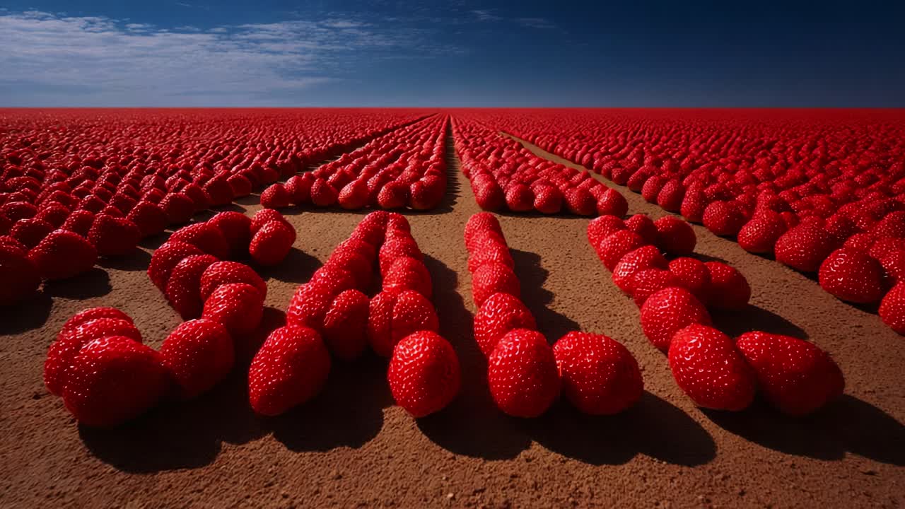 A striking visual of vibrant, red strawberries meticulously arranged to form the word 'SALE', set against a breathtaking blue sky, creating an impactful and enticing display