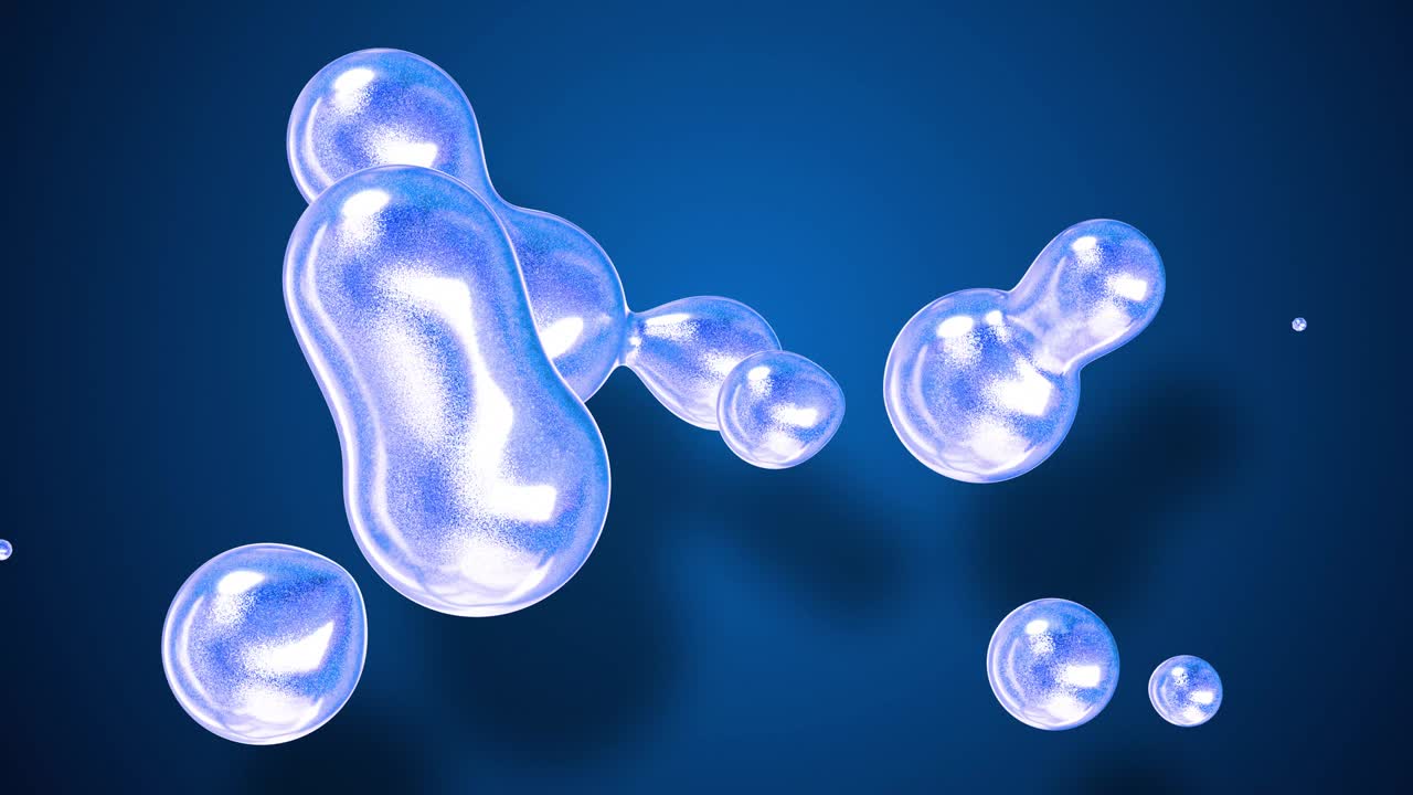 마치 유리 방울이나 파란 빛으로 가득 찬 구가 융합되고 어지는 것처럼 메타볼의 추상적인 배경은 4k에서 순환적으로 움직입니다.