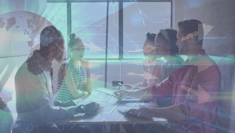 animation of globe and computer circuit board over diverse business people working at office