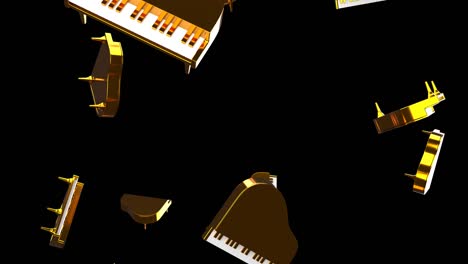 falling gold pianos on black background.