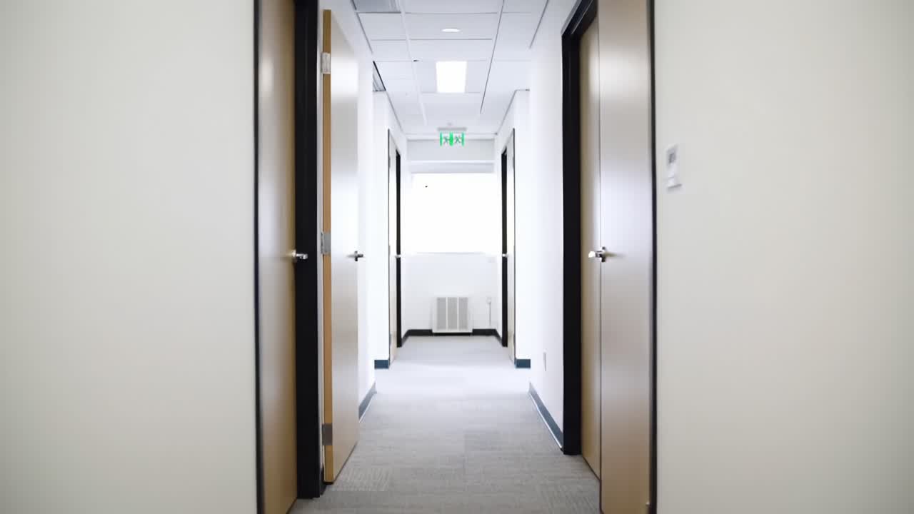 A Serene Office Hallway with Open Doors: A Crisp Overview of Modern Workplace Design and Ambiance Captured in Two Distinct Frames