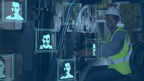 facial recognition animation over warehouse worker operating forklift