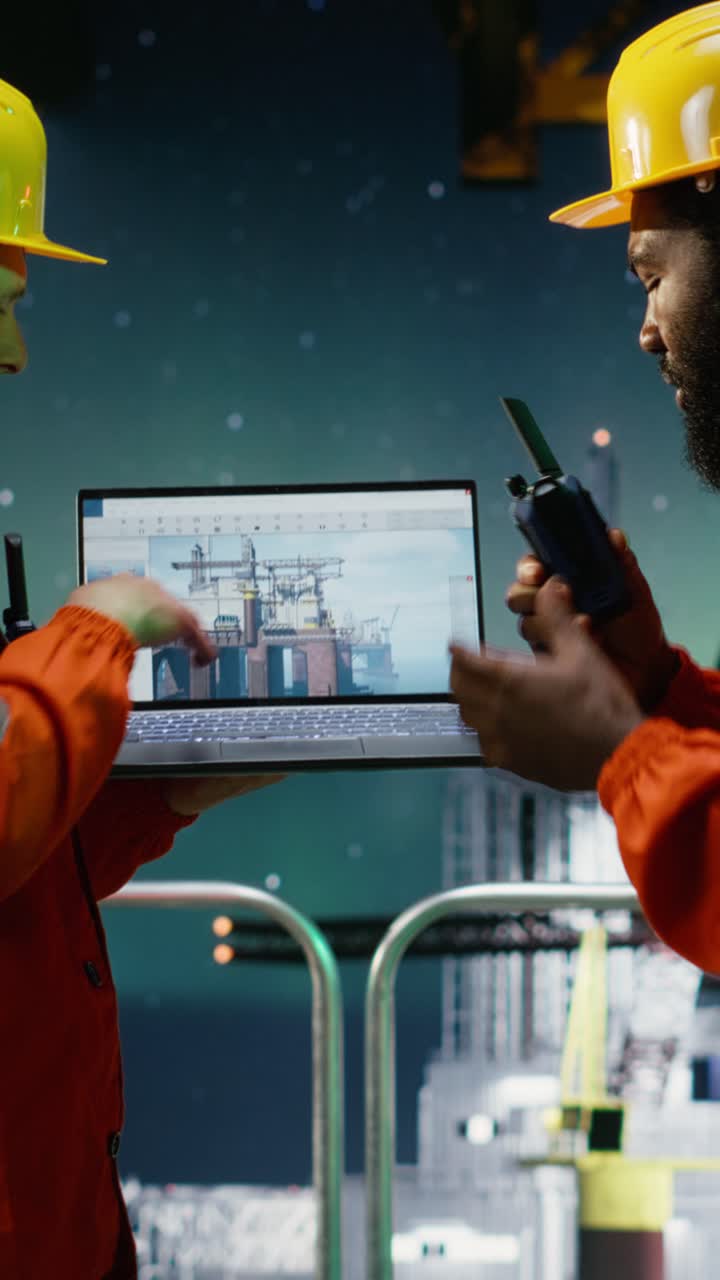 Vertical Video Offshore engineers communicate via walkie talkie at night on oil platform