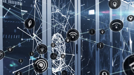 animation of network of connections with icons over servers