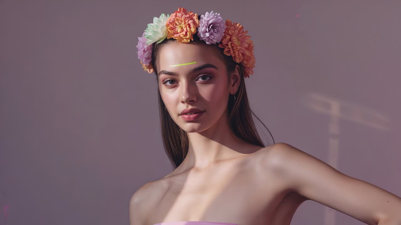 Reacting to shifting sunlight model blinking and tilting in studio, with floral crown, face stripe