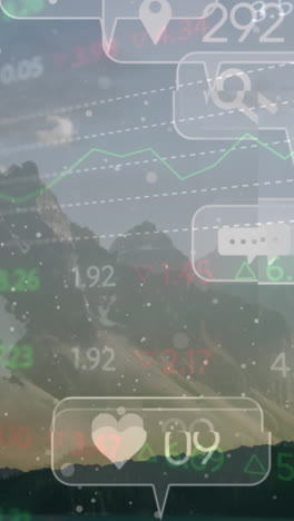animación de iconos y números de redes sociales sobre el fondo del paisaje