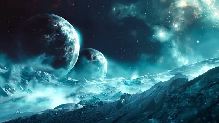 Eine Sicht auf eine Weltraumszene mit Planeten und Sternen am Himmel