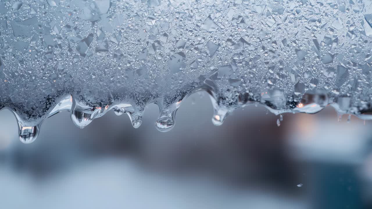 Melting horizontal band of compacted snow, ice shedding clear droplets on ledge from daylight