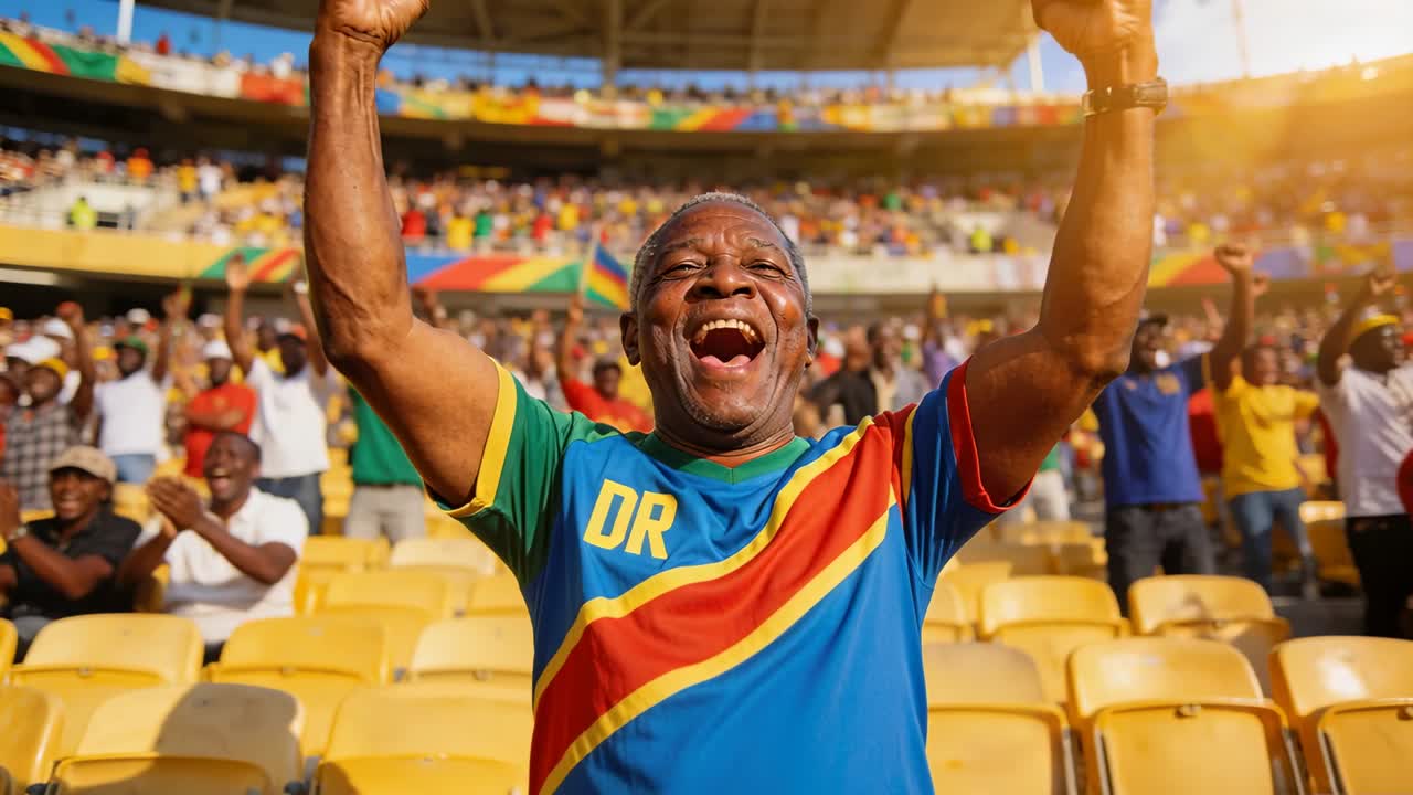 Uomo anziano che esulta con la maglia della DR nello stadio mentre la folla fa il tifo, in piedi, urlando, festeggiando