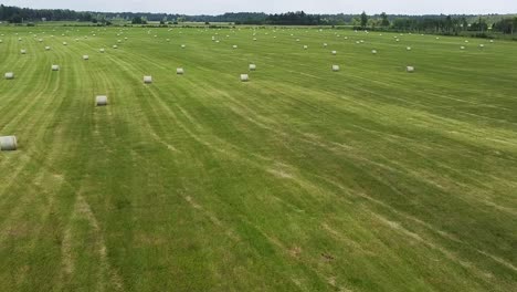 aerial clip of a green field with hay rolls in estonia in summer