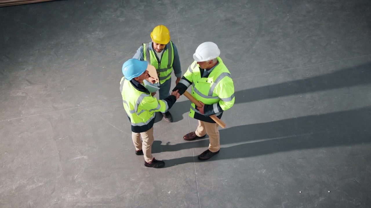 Construction Workers Meeting and Shaking Hands on Site