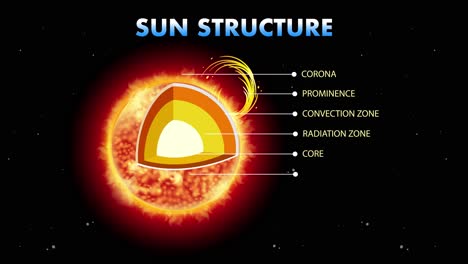 animación educativa que detalla la estructura interna del sol.