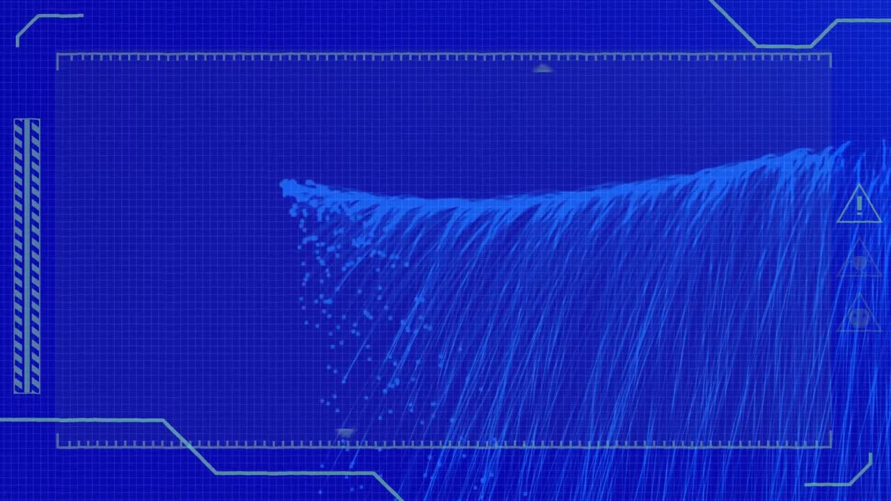 파란색 배경에 있는 빛 트레일 위의 디지털 인터페이스의 애니메이션